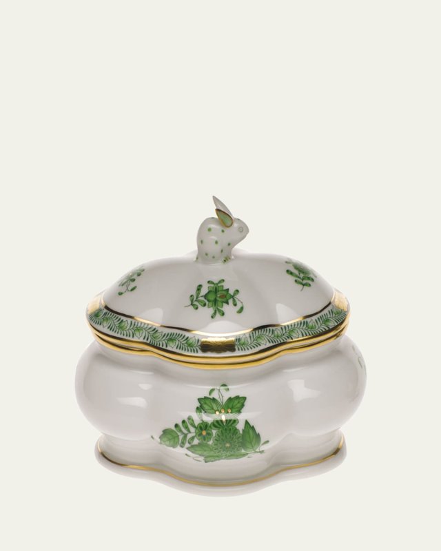 Chinese Bouquet Green Covered Porcelain Bonbon Box with Bunny